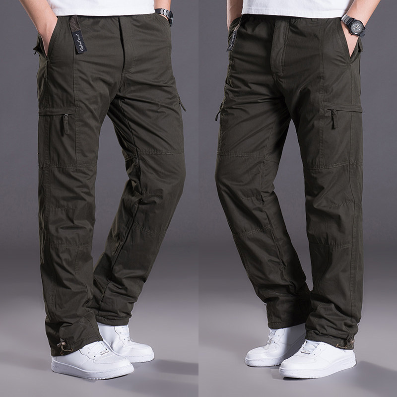 秋冬男士加绒加厚户外宽松直筒多口袋工装裤防风寒保暖休闲裤厚款