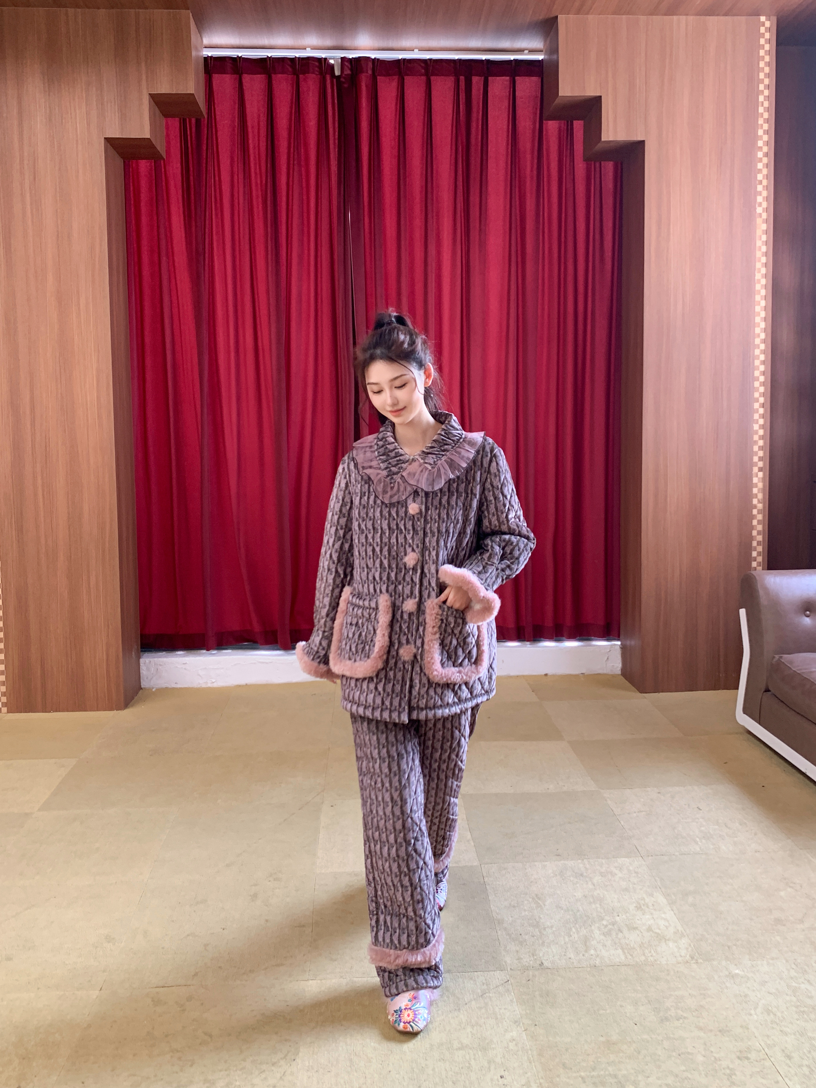 原艾慕优暗香疏影三层夹棉加绒加厚可外穿女士甜美冬季睡衣套装