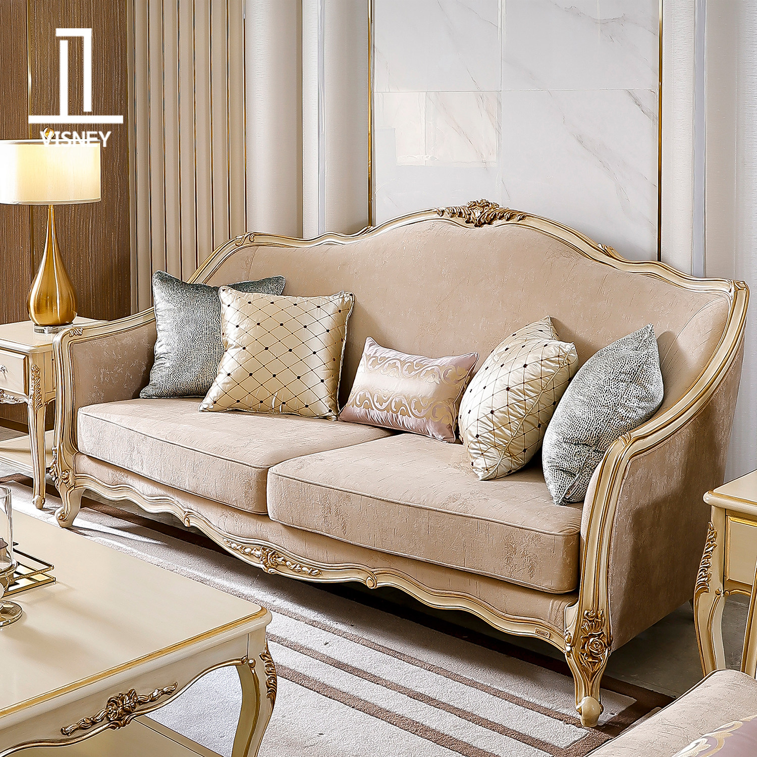 卫诗理高端宫廷复古小法式实木别墅欧式客厅布艺三人位沙发EF2