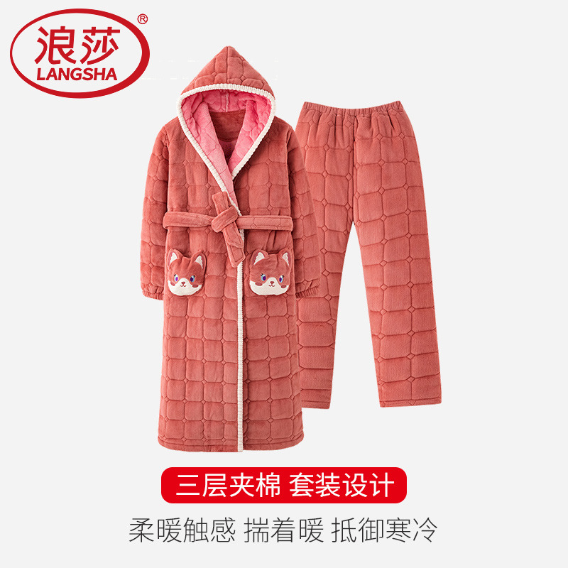 珊瑚绒睡衣女款冬季2025新款加厚夹棉冬天加绒保暖睡袍套装家居服