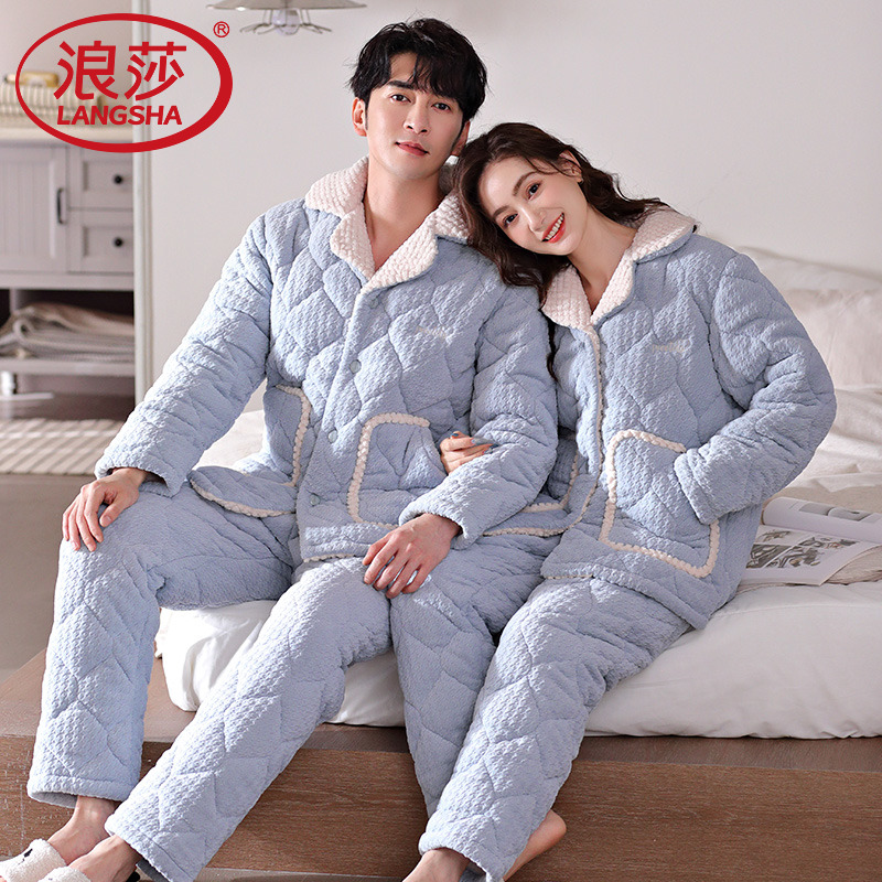 珊瑚绒睡衣情侣冬季新款三层夹棉加厚保暖法兰绒可外穿家居服男女