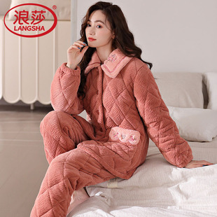 睡衣女款冬季加厚加绒珊瑚绒三层夹棉女士秋冬中年妈妈外穿家居服