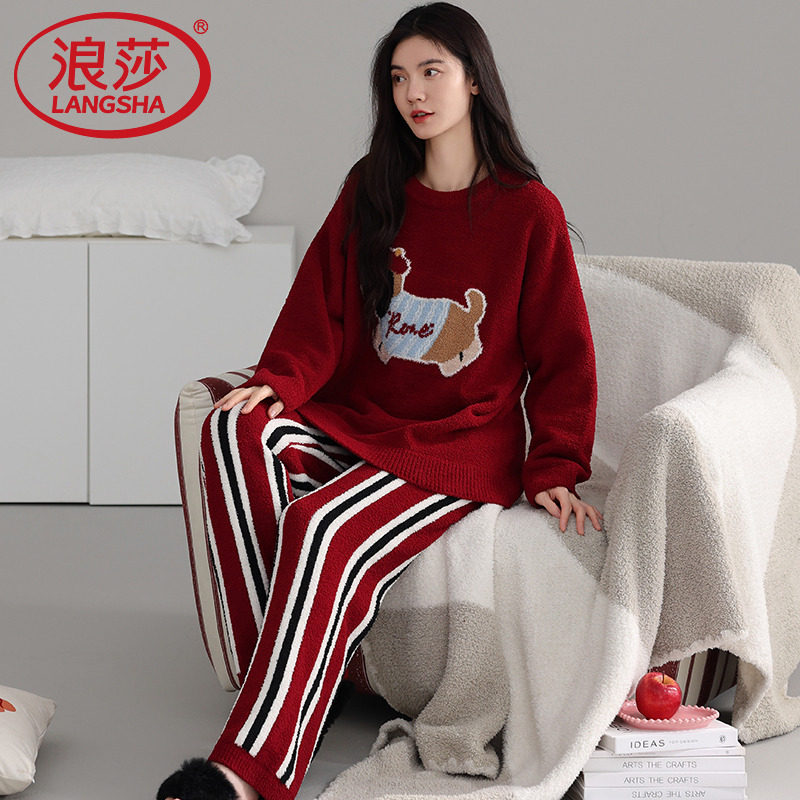 睡衣女士半边绒秋冬款加厚加绒长袖套头可爱卡通家居服保暖可外穿