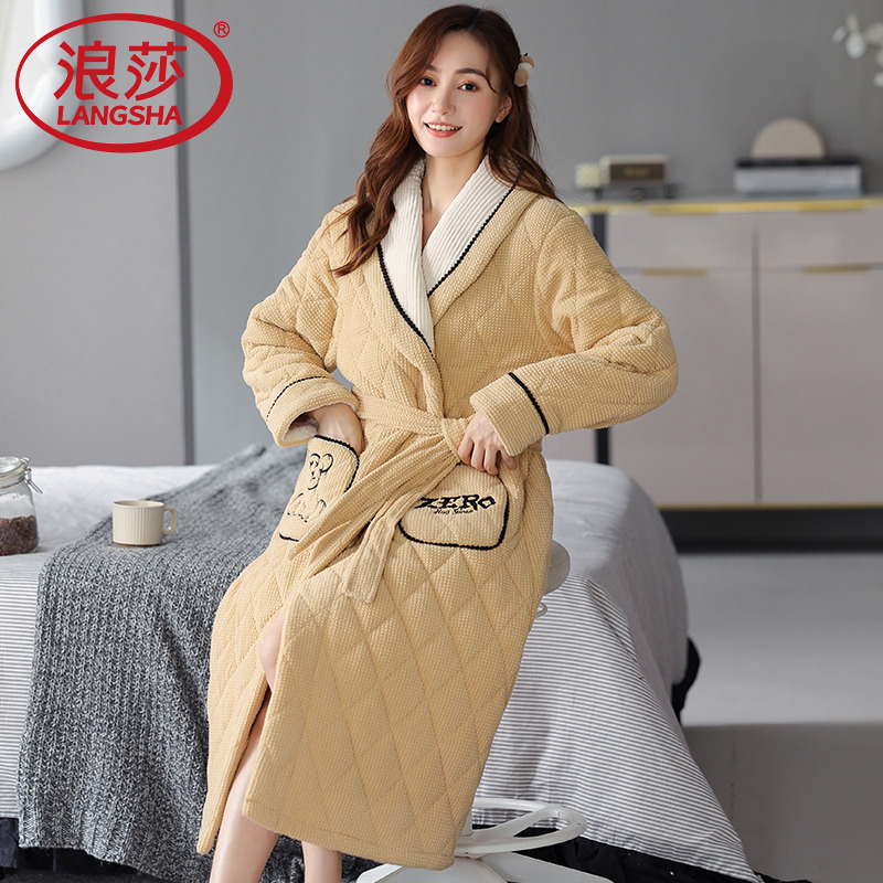 浪莎珊瑚绒三层夹棉睡衣女款秋冬加绒加厚保暖睡袍浴袍家居服冬天