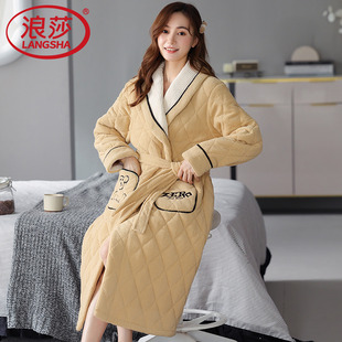 秋冬加绒加厚保暖睡袍浴袍家居服冬天 浪莎珊瑚绒三层夹棉睡衣女款