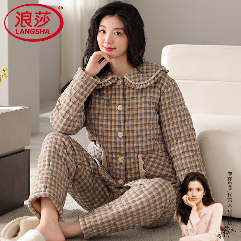 睡衣女士冬季三层加厚纯棉夹棉加厚保暖女家居服2026新款大码套装