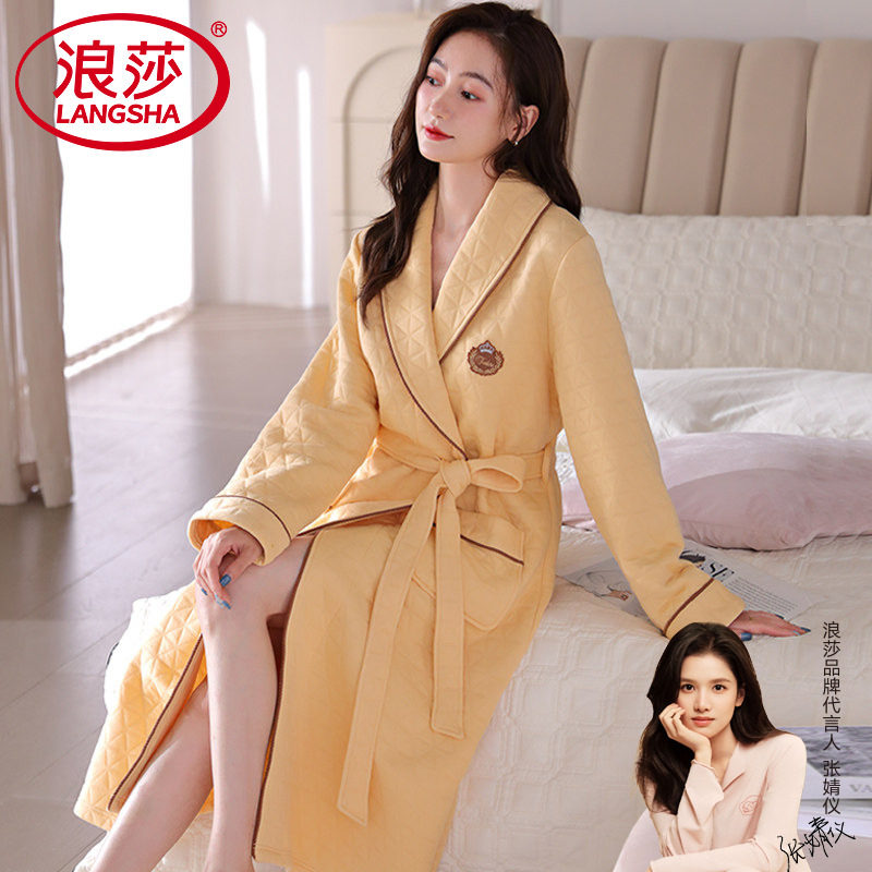 浪莎睡袍女秋冬季长袖加厚夹层薄浴袍空气棉大码中长款冬天家居服