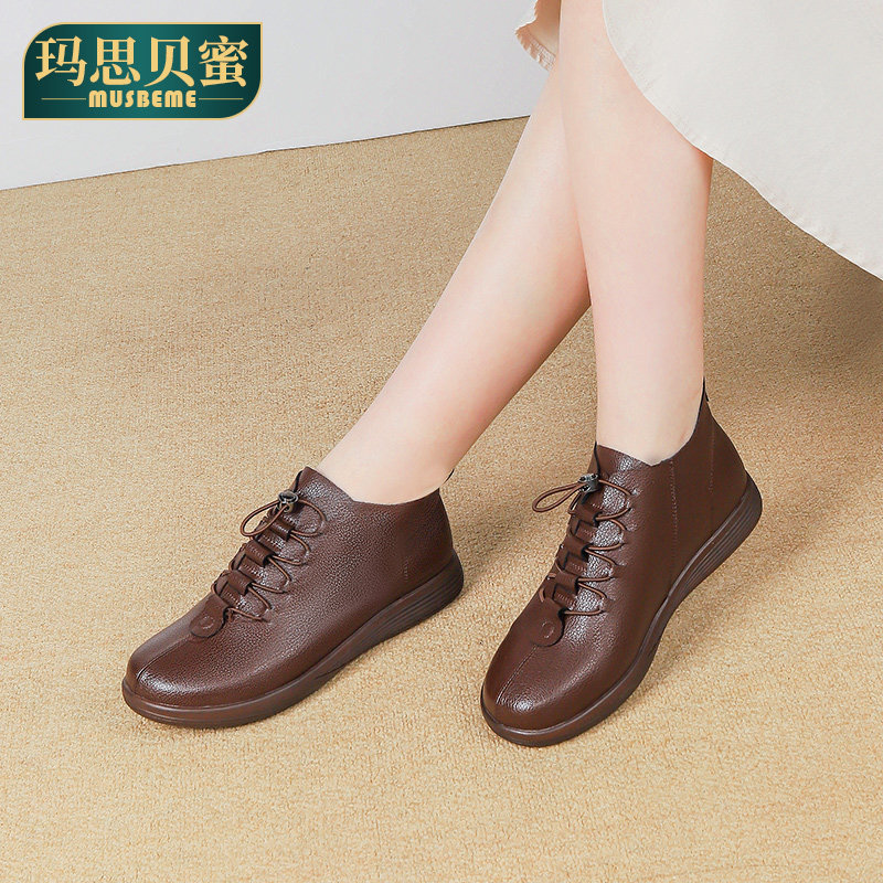 真皮软底软面单鞋女款舒适中年妈妈鞋2025新款秋季复古系带短靴女