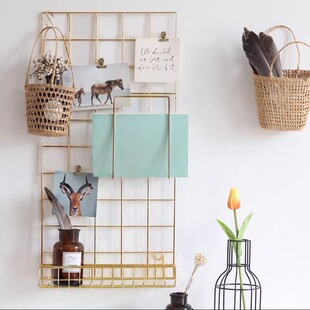 屋里北欧金色网格小号铁艺置物挂墙置物架收纳拍照道具寝室装饰