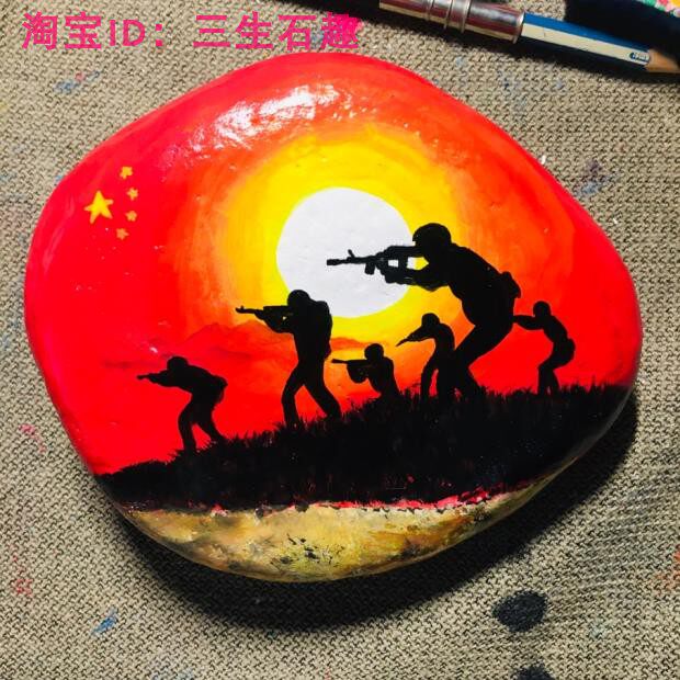 石头画成品摆件八一建军节军魂退役军人纪念战友中国梦红色