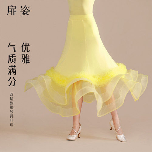 扉姿 女士摩登舞半身裙交谊舞练功裙子华尔兹飘逸大摆裙F2173