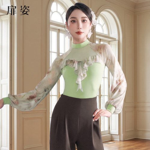 扉姿 新款摩登舞服女国标舞连体衣灯笼长袖印花洋气舞蹈上衣F1522