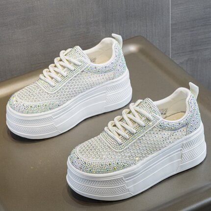 7cm厚底松糕女小白鞋夏季新款透气水钻网纱增高轻便百搭休闲网鞋