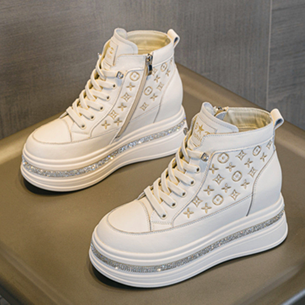 真皮小白鞋女厚底松糕欧美风印花内增高白色百搭高帮休闲水钻板鞋