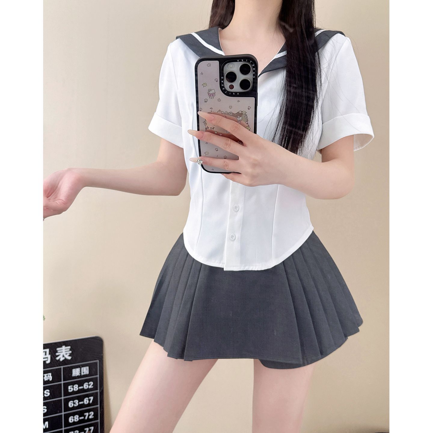时尚套装学院风jk制服女夏季甜美海军领收腰短袖衬衫高腰半身裙