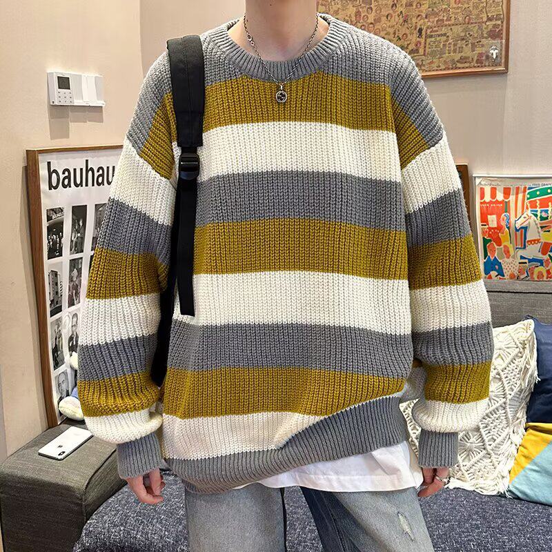 潮流文艺毛衣韩系慵懒风衣服男冬季外穿针织衫2025新款宽条纹线衣