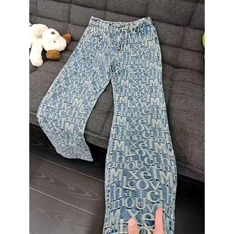 高腰阔腿裤垂感牛仔男女情侣款印花休闲裤宽松显瘦直筒拖地裤子潮