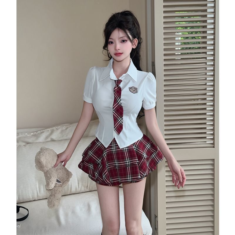 美式学院风套装jk制服女夏季衬衫甜美可爱显瘦格子半身裙子两件套
