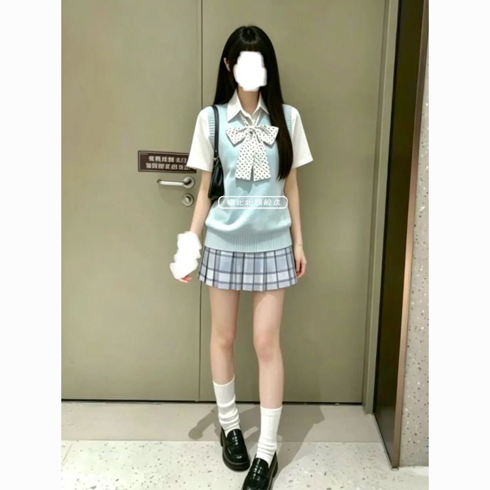 夏季原创jk制服正版天蓝色背心甜妹学院风马甲软妹风叠穿格裙套装