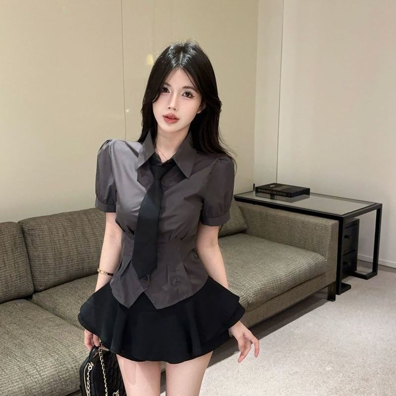法式纯欲jk制服灰色短袖衬衫气质收腰衬衣百搭蓬蓬短裙时尚套装女