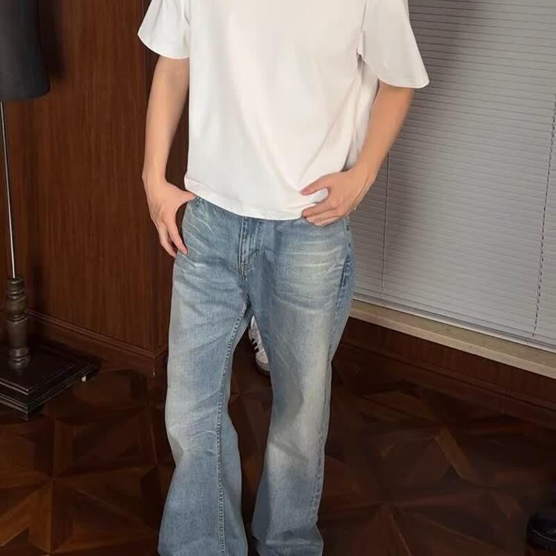 复古蓝弯刀牛仔裤男款秋季古着vintage裤子美式高街不贴腿微喇裤