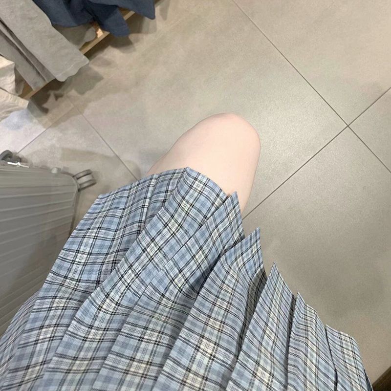 沧夏/原创学院风灰蓝色jk格裙春夏季日系浅色百褶裙校供感