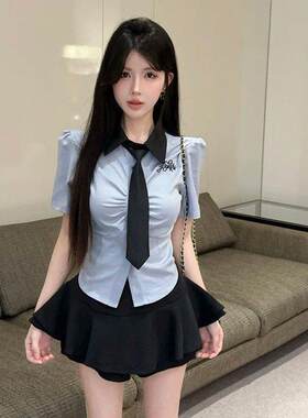 工作服足浴技师学院风性感蓝色刺绣polo领衬衣包臀裙jk制服套装裙