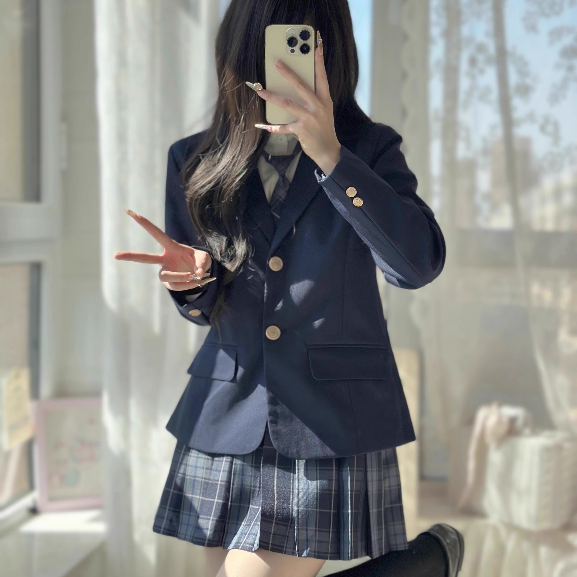 原创jk西服外套制服套装秋冬校供感通勤女高两粒扣黑色西装三件套