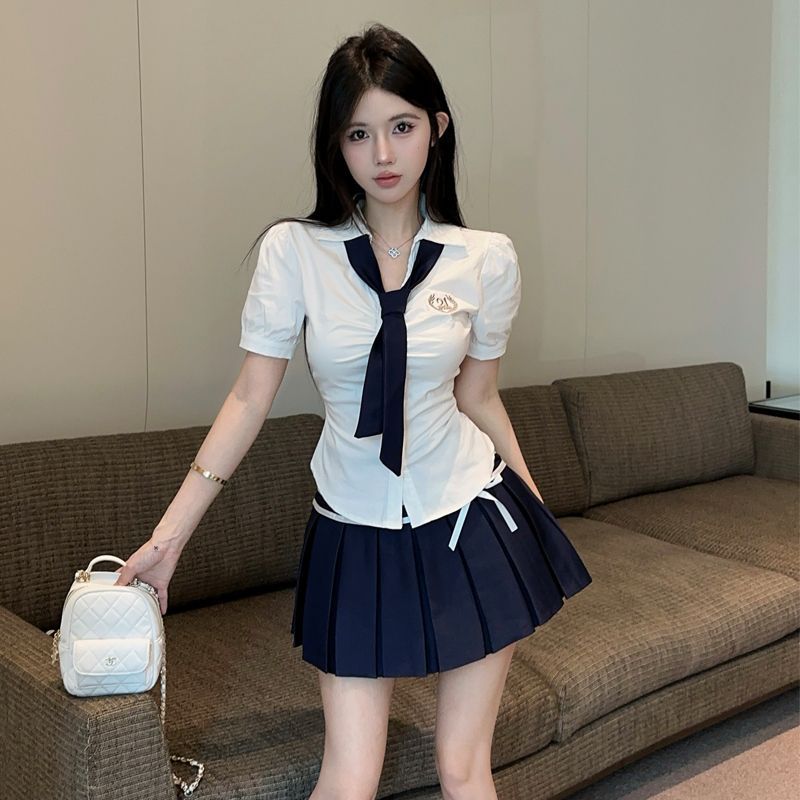 学院风泡泡袖衬衫女夏季收腰白衬衫上衣+百褶短裙jk制服套装