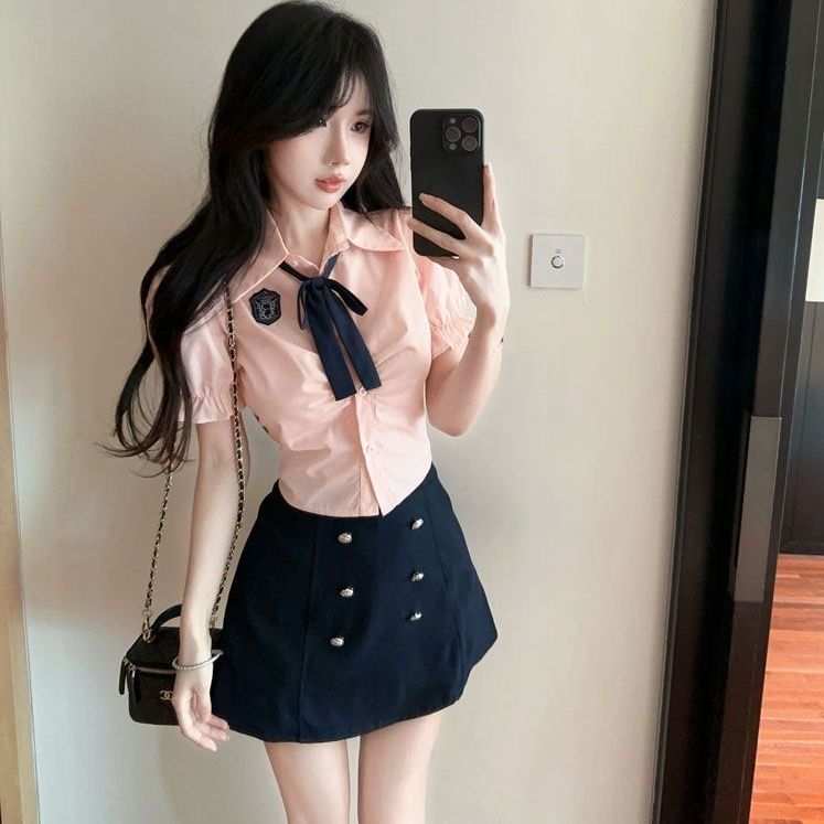 韩系学院风套装辣妹粉色jk制服修身衬衫高腰半身包臀裤裙两件套夏