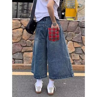 设计感口袋拼接格子牛仔裤男女情侣夏季新款高腰直筒七分牛仔潮裤