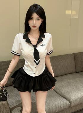 学院风jk制服时尚套装辣妹短袖领带衬衣蓬蓬蛋糕裤裙子两件套新款