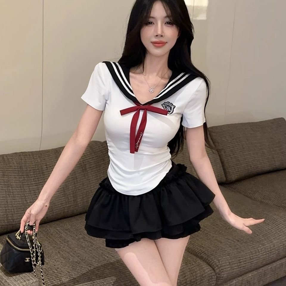 学院风甜辣jk制服减龄海军领百搭修身不规则短袖上衣蓬蓬蛋糕裙装