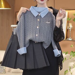 女童秋季套装2026新款中大童学院风假两件开衫线衣百褶裙jk两件套