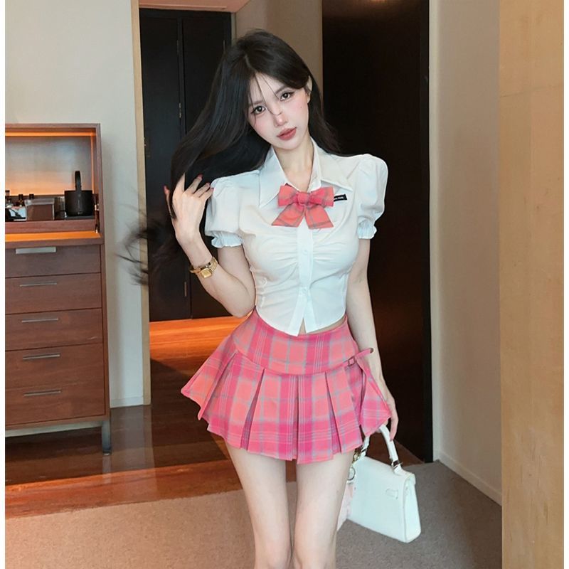 2026新款jk套装工作服学院风白衬衫配格子短裙套装爆款小个子女装