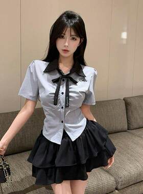 韩系学院风JK制服衬衣辣妹收腰刺绣衬衫上衣蛋糕裙时尚套装新款潮