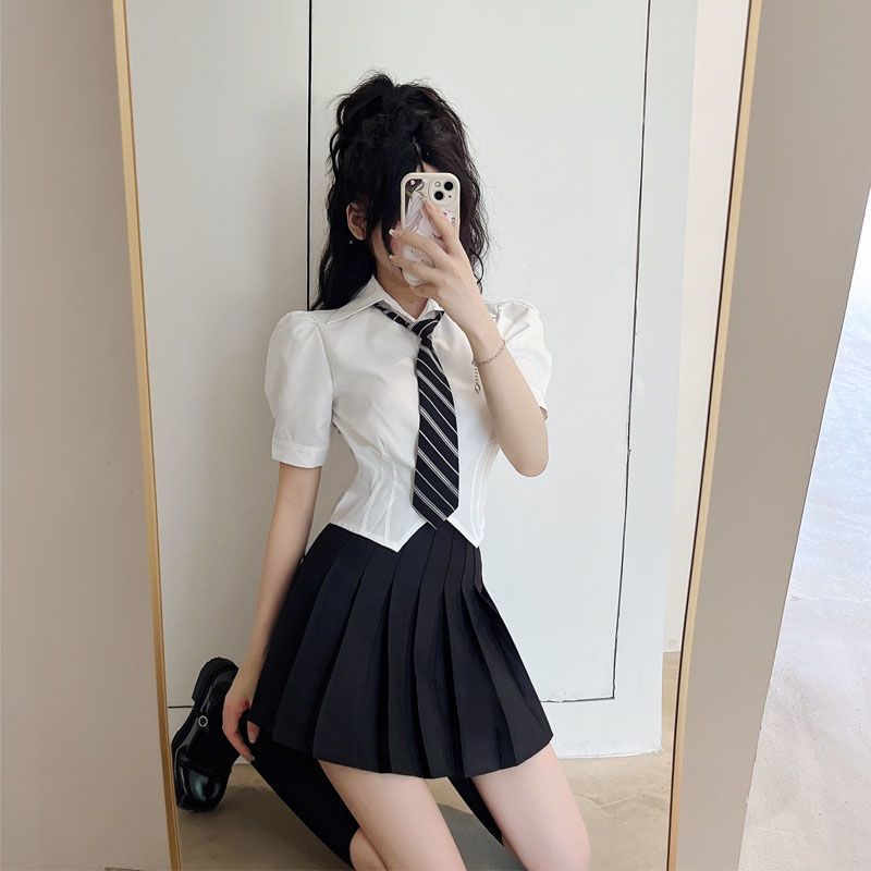 足浴技师工作服jk套装秋制服白色短袖衬衫女+百褶短裙减龄两件套