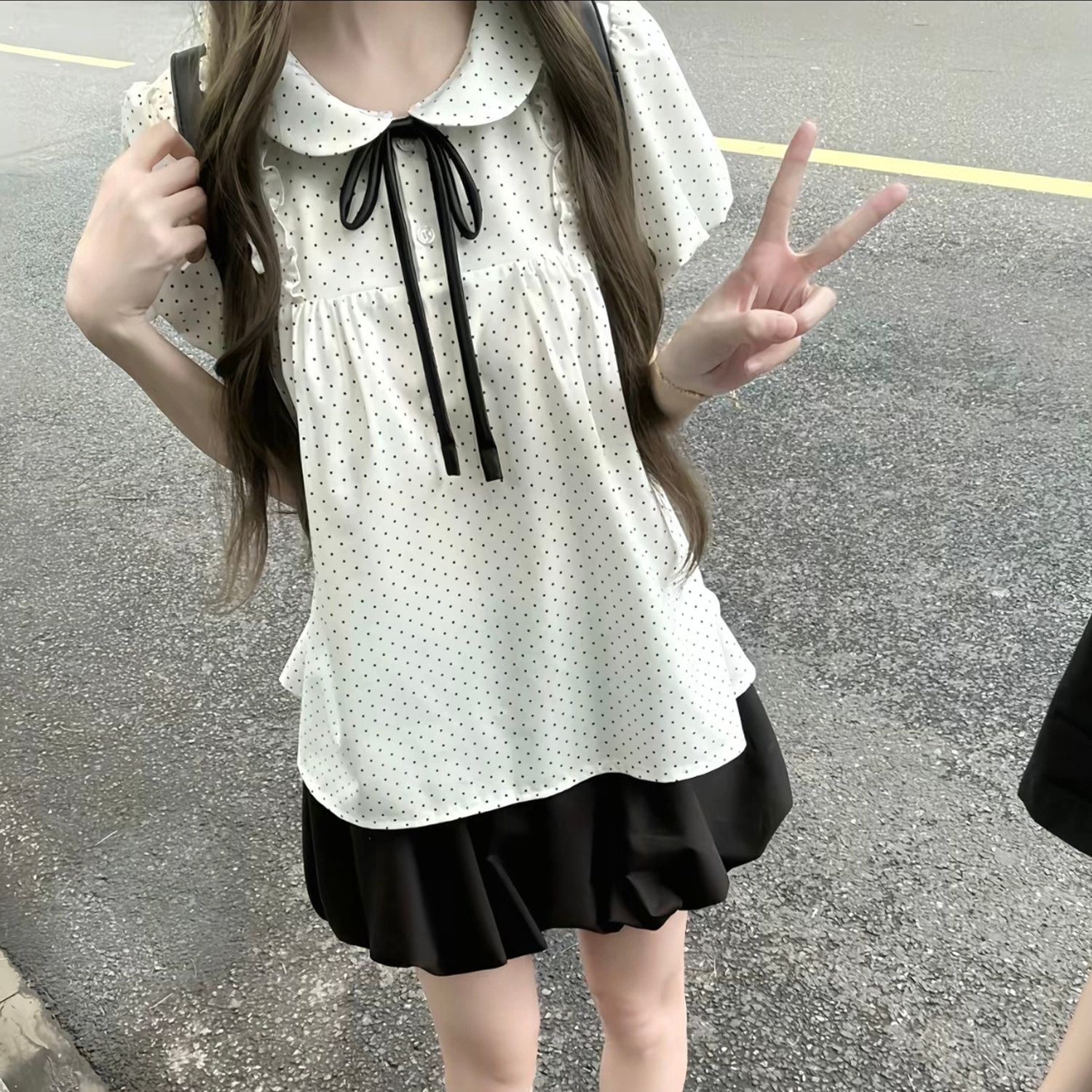 布丁熊原创JK制服娃娃领学院风波点衬衫套装女甜美小个子花苞裤
