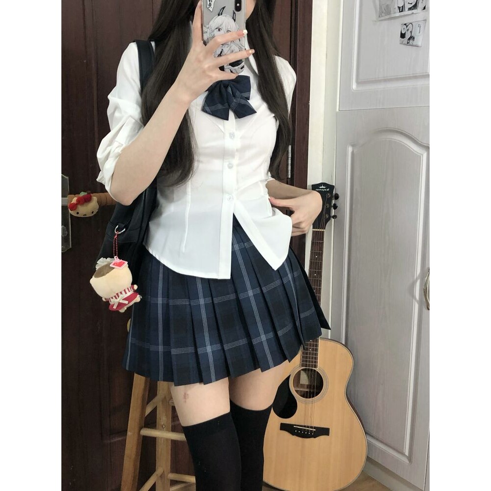jk辣妹收腰紧身短袖衬衫女日系学院风百搭白色衬衣纯欲风校供格裙