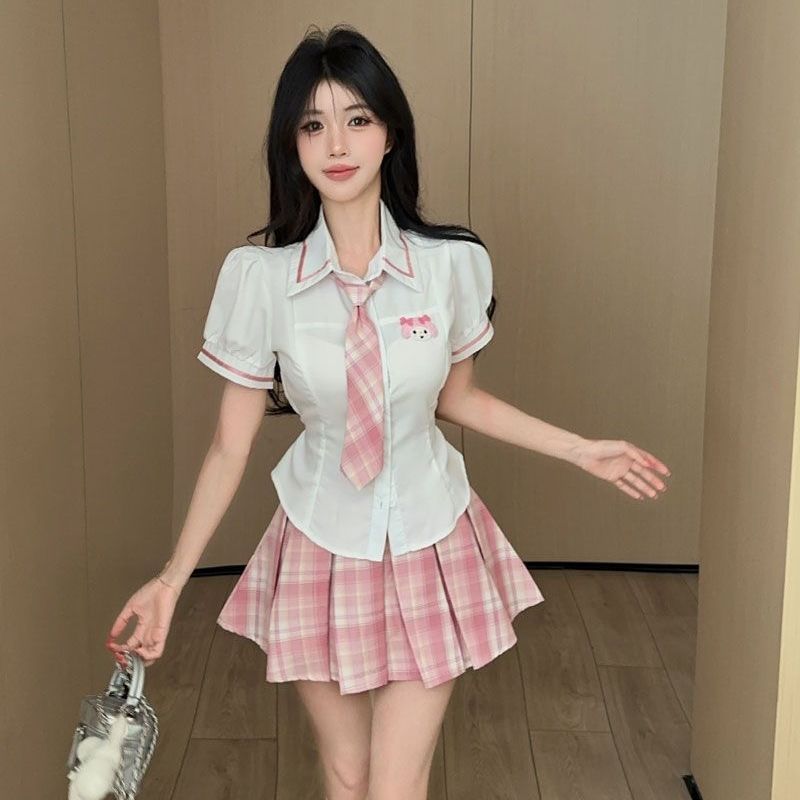 法式纯欲甜美学院风小众设计感jk衬衫上衣高腰格子粉半身裙套装女
