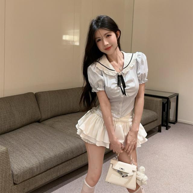 纯欲风新款辣妹jk套装学院风制服纯欲条纹短袖衬衫高腰蓬蓬蛋糕裙