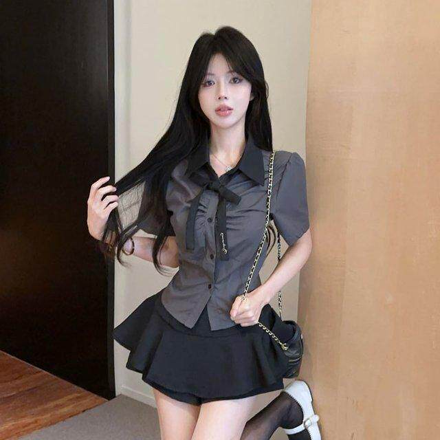 甜酷辣妹两件套学院风jk制服收腰衬衫高腰修身蓬蓬裤短裤裙新款潮
