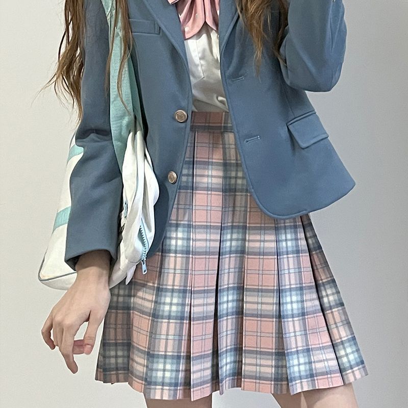 中牌 JK制服格裙桃夭 学院风百褶裙春夏半身裙短裙薄款毛料中长裙