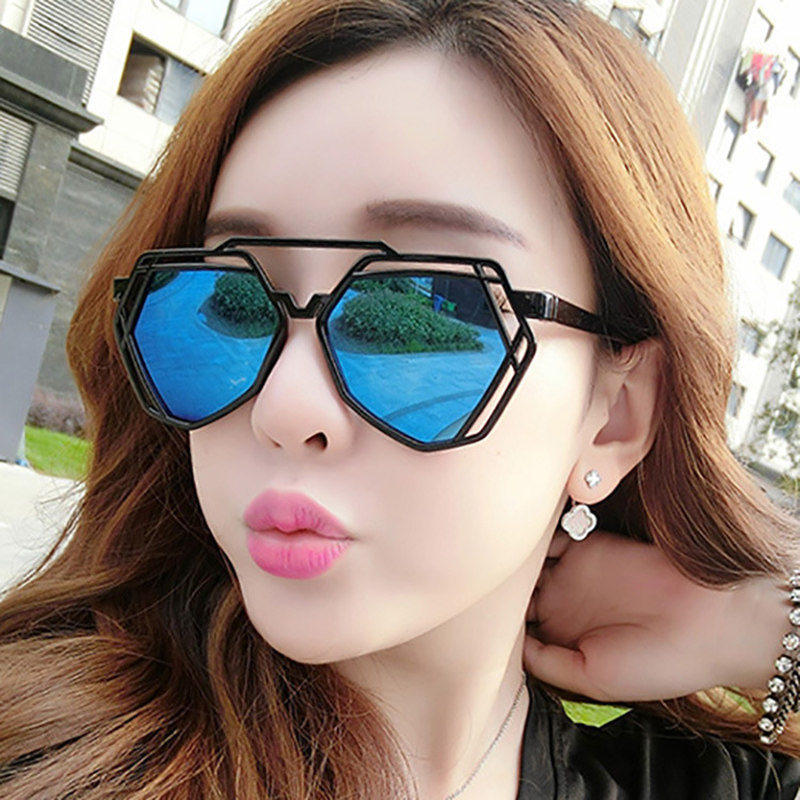 2021新款欧美复古多边形太阳镜个性大框圆脸镂空墨镜彩膜反光眼镜