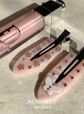 AUGUREY 9/20 粉色甜心emijay同款醋酸花朵钻发夹少女可爱刘海夹