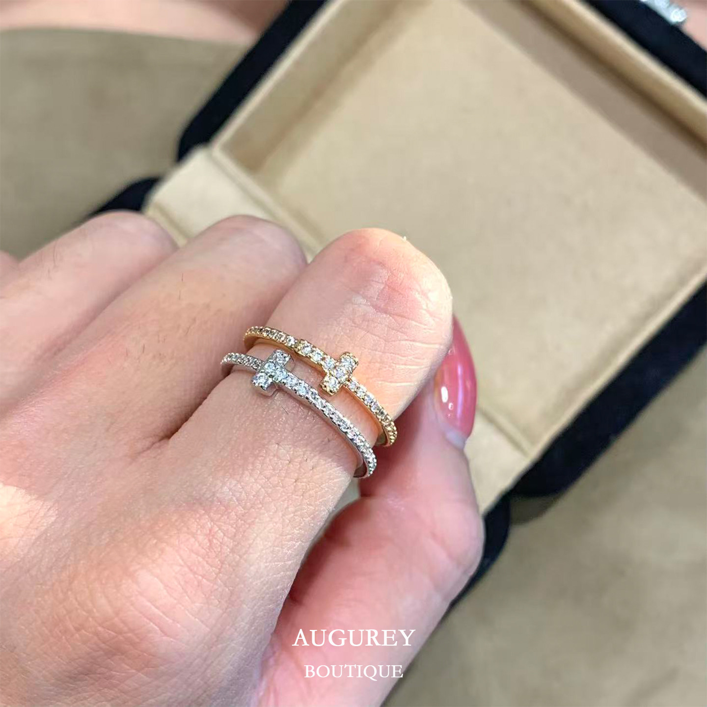 AUGUREY 06/20 T字母极窄满钻戒指百搭叠戴经典高级感精致配饰女图片