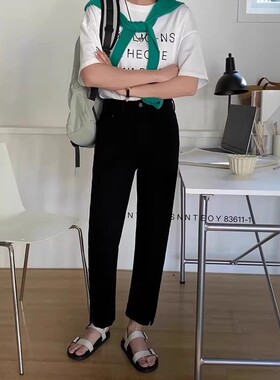 daiclaire代嘉儿夏薄款牛仔裤高腰弹力开叉黑色九分法棍裤83611-1