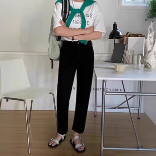 daiclaire代嘉儿夏薄款 高腰弹力开叉黑色九分法棍裤 83611 牛仔裤