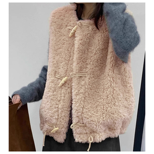 正品 E102 韩货两面穿灯芯绒马甲牛角扣圆领羊羔毛保暖背心2025冬款