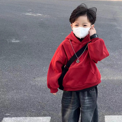 男童加绒加厚连帽卫衣2025新款小童一体绒韩版痞帅宽松运动上衣潮